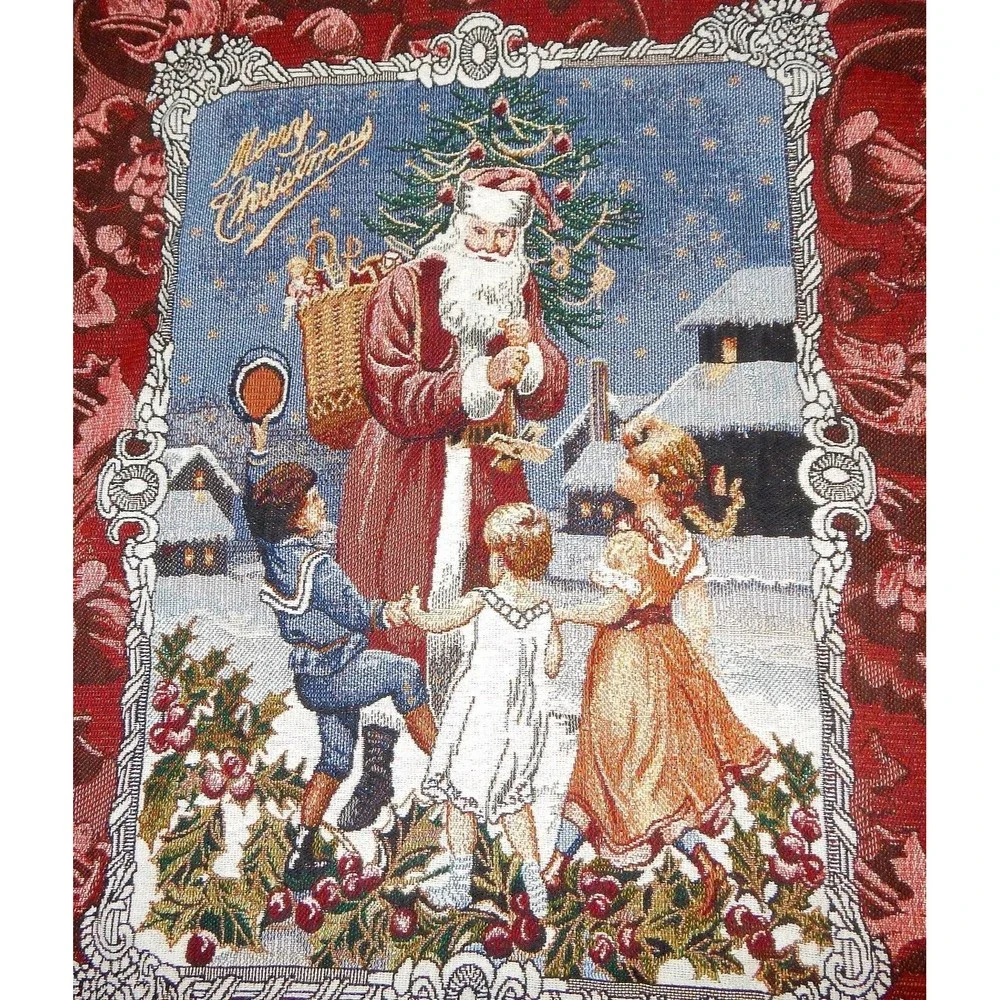 Merry Christmas Santa Claus With Children Woven Fringed Thrown 44x53 By Hallmark